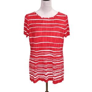 Chicos Travelers Top 0 Womens Small Red White Crinkle Tunic Blouse Sleeve Slits